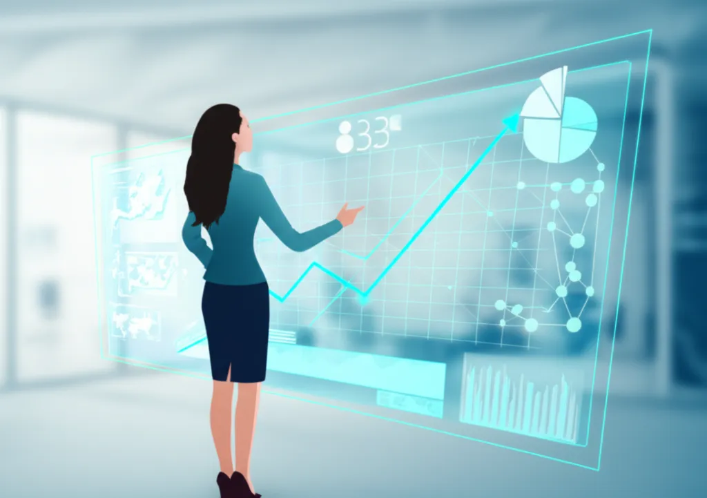 Актуальные прогнозы для малого бизнеса: предприниматель анализирует графики роста на цифровом экране.
