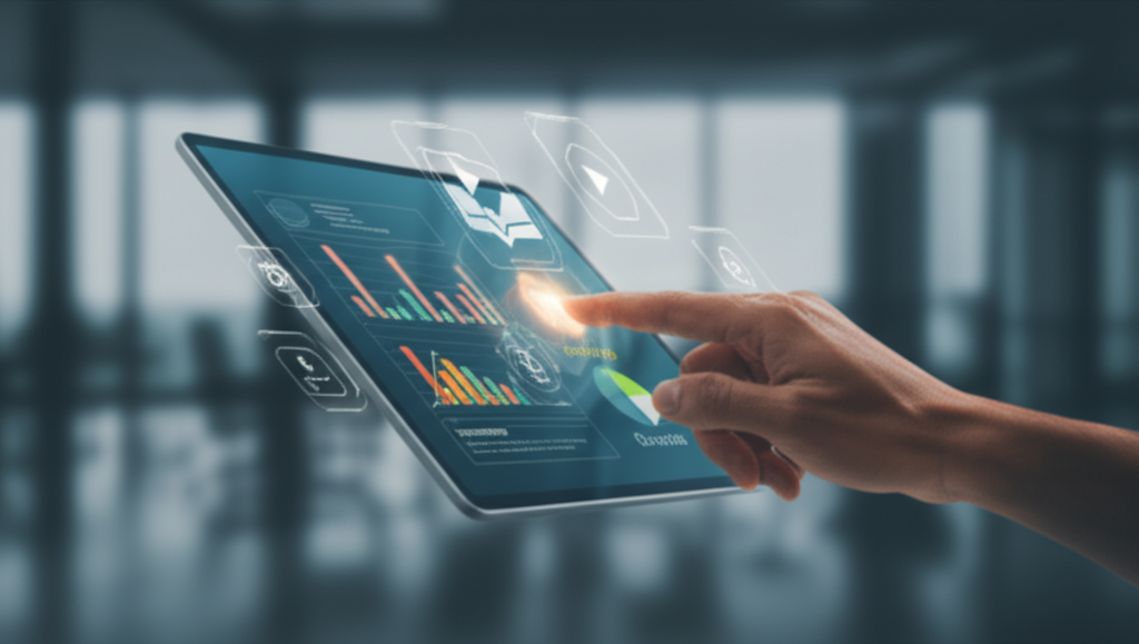 Специалист анализирует данные на дашборде программного обеспечения для систем управления обучением на планшете в современном офисе