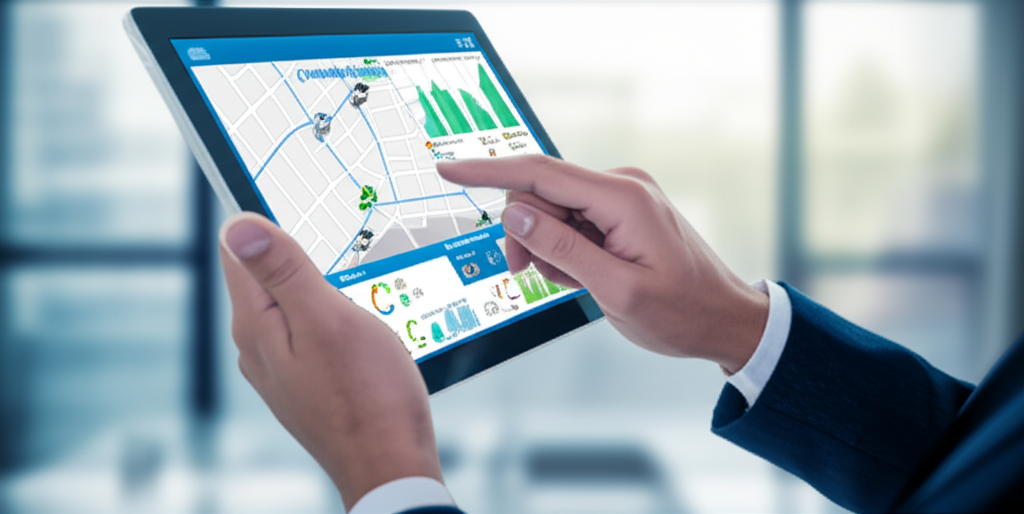 Интерактивная панель с картой, где отображается программное обеспечение для управления автопарком