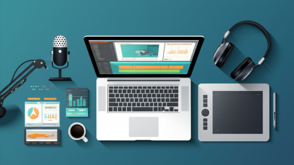 Современное рабочее место с ноутбуком, на котором открыты программы для YouTube