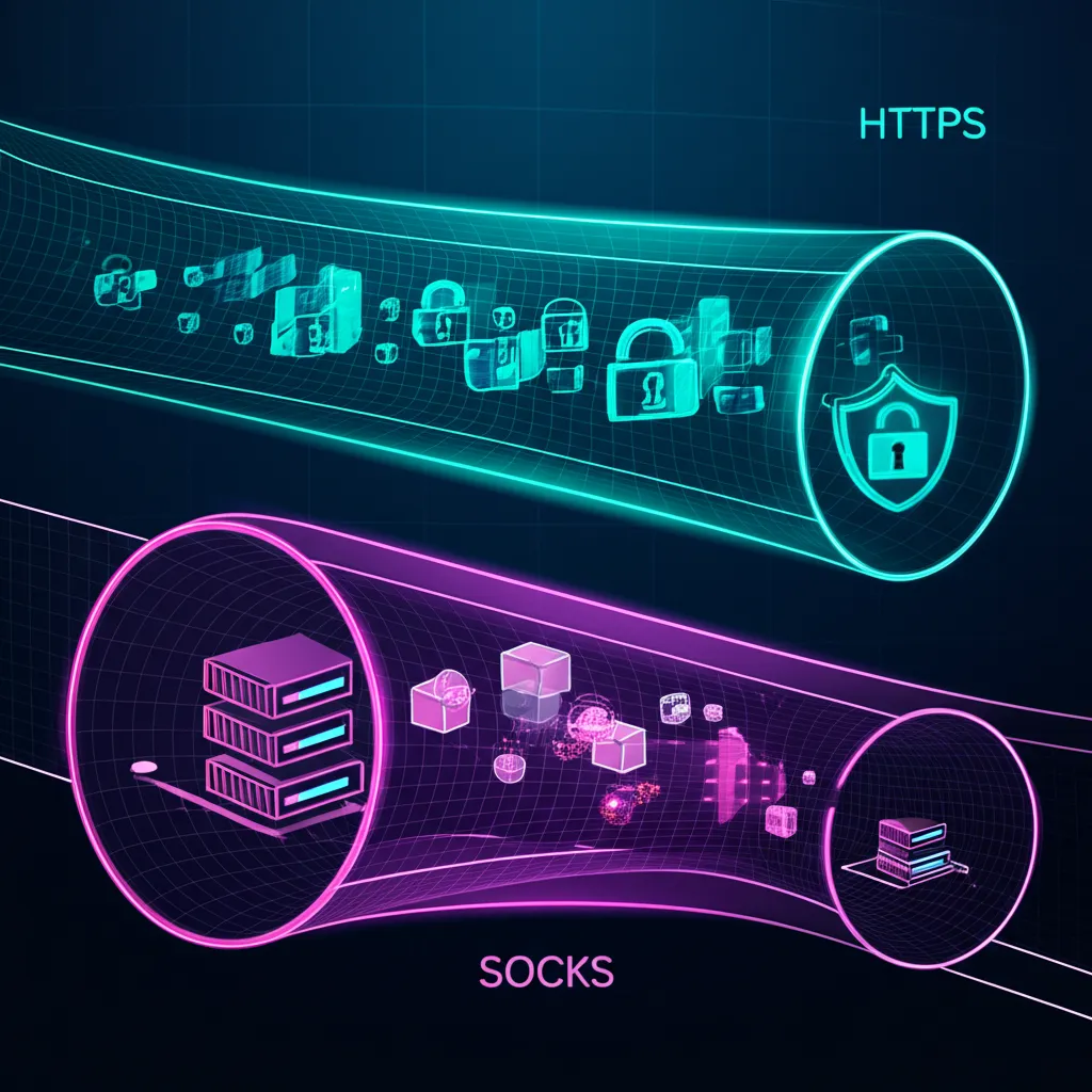 Протоколы HTTPS/SOCKS, сравнение и выбор под задачи на схематическом изображении с двумя туннелями данных.
