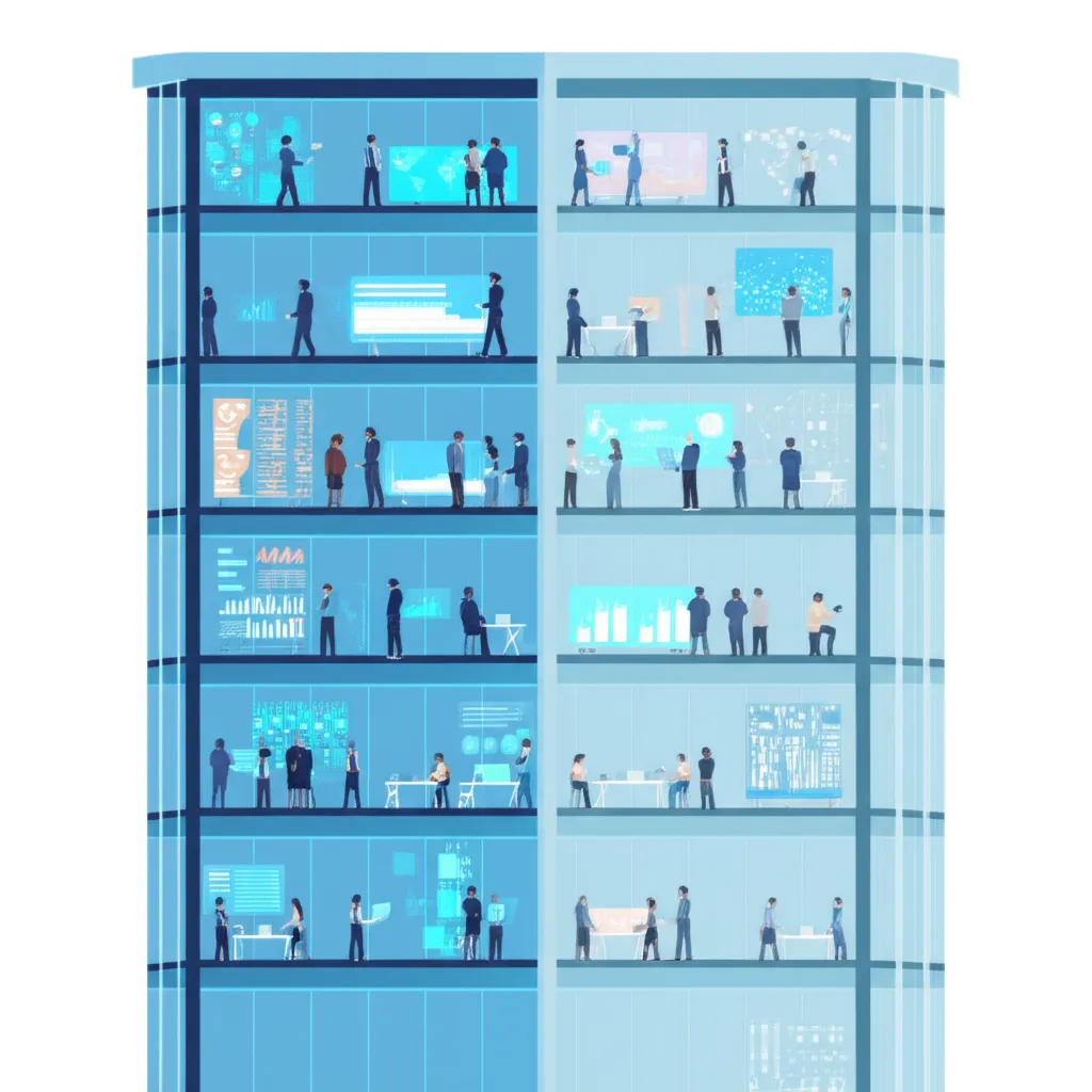 Прозрачность в бизнесе: иллюстрация открытого офиса, символизирующая доверие и доступность информации.