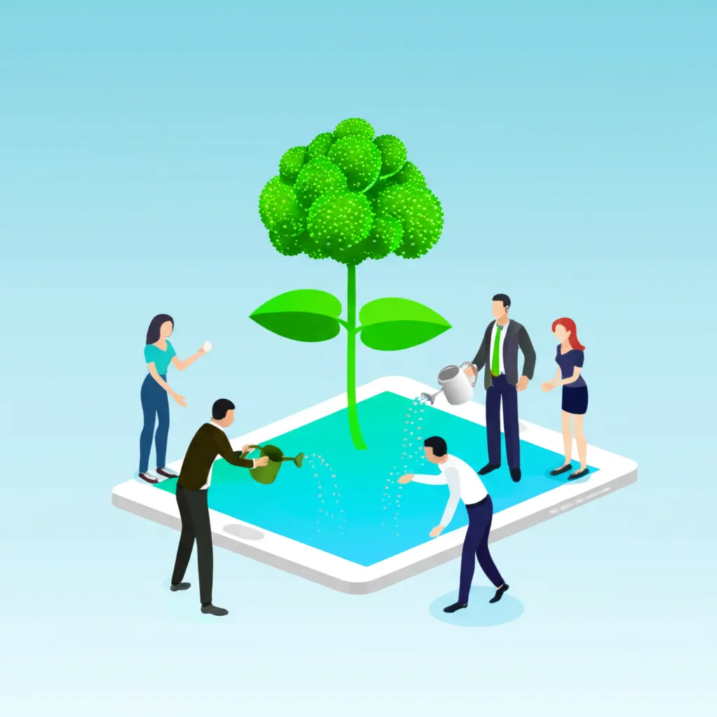 Эффективные стратегии удержания клиентов SaaS, изображенные в виде растущего из планшета растения, за которым ухаживают люди.