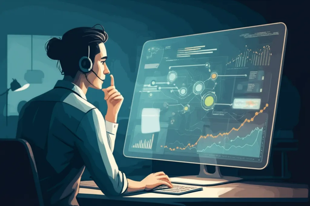Работа на упреждение при обслуживании клиента: специалист анализирует данные на интерактивном дашборде.