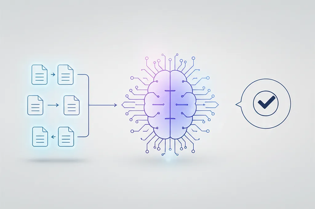 Абстрактная инфографика, демонстрирующая rag: качество результата через поток данных в нейросеть.