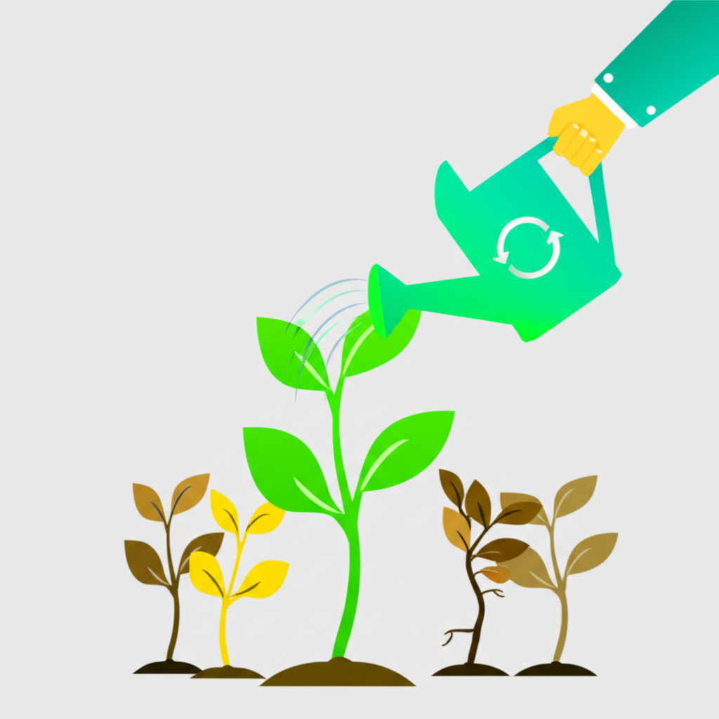 Схематичное изображение, иллюстрирующее распад контента как исправить, где увядающее растение поливают из лейки с символом обновления.