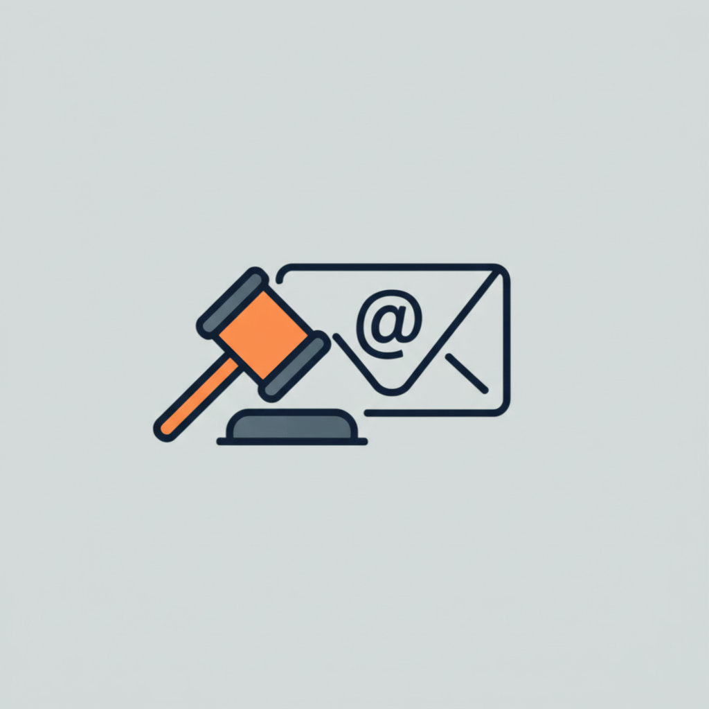 Рассылки по общедоступным email правовое заключение, изображенное в виде молотка судьи и конверта.