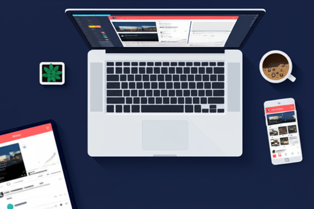 Инфографика, демонстрирующая правильные размеры изображений в социальных сетях на примере рабочего стола SMM-специалиста.