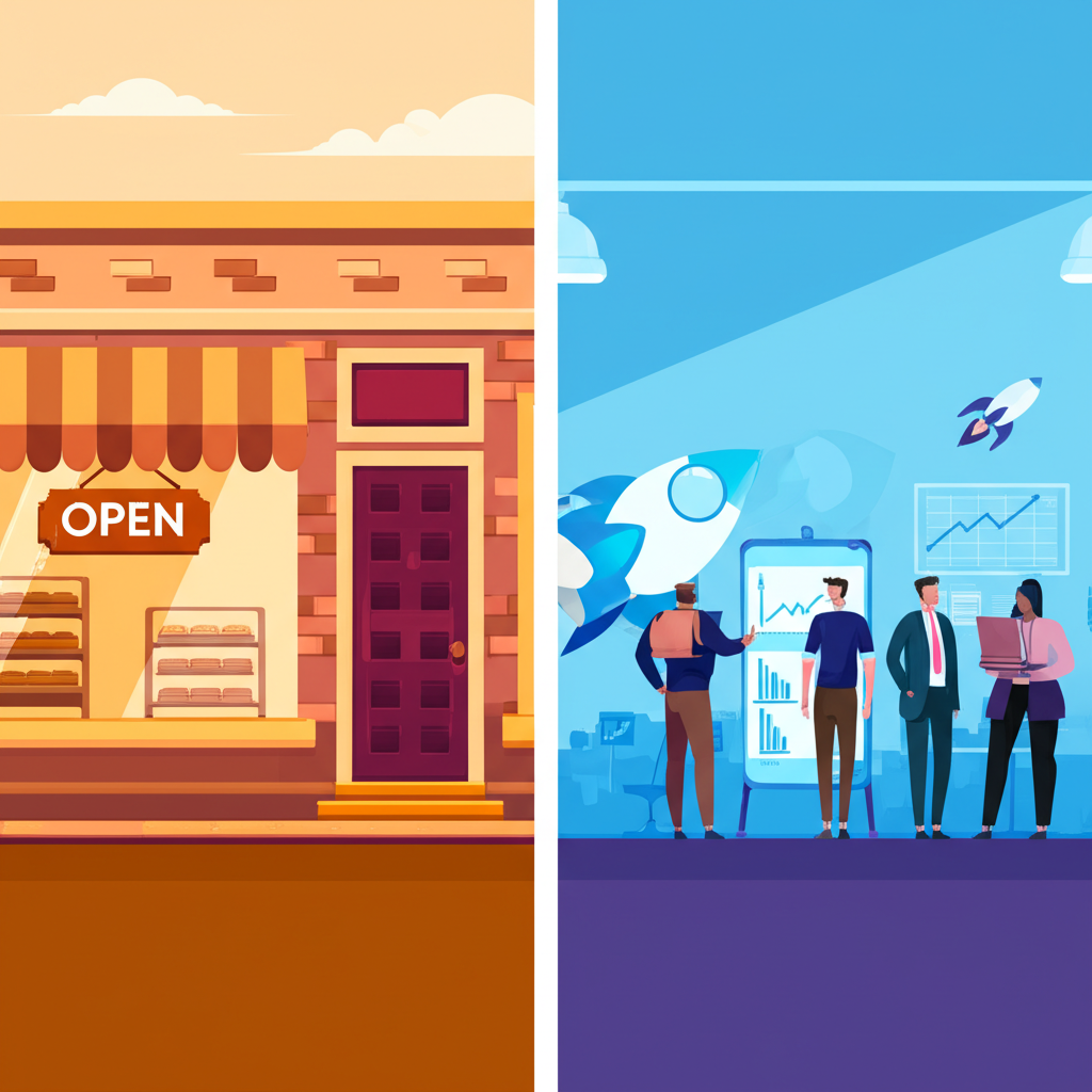 Наглядная разница между малым бизнесом и стартапом на примере традиционного и технологичного подходов.