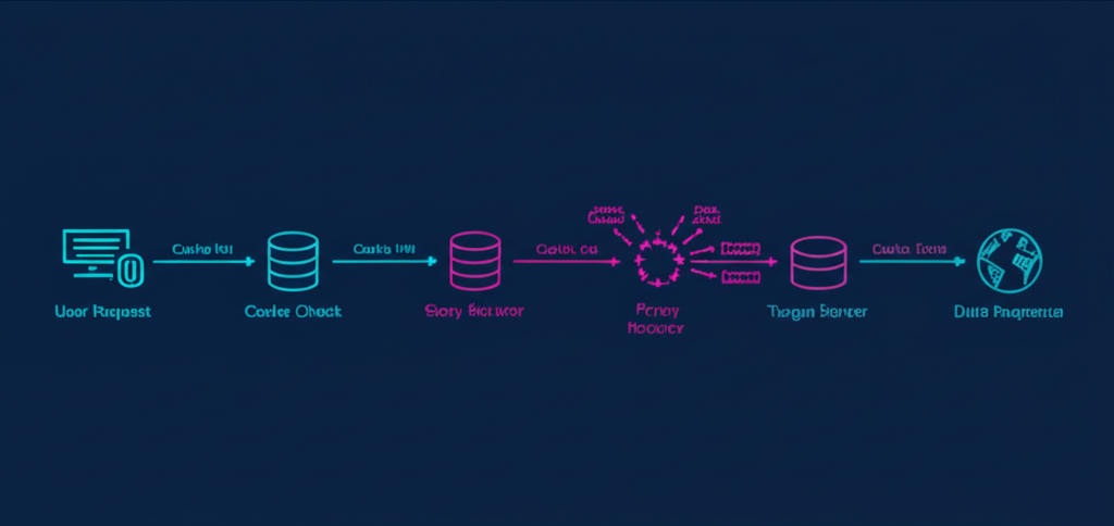 Схема, иллюстрирующая процесс разработки Data API со встроенной ротацией прокси и кешированием.