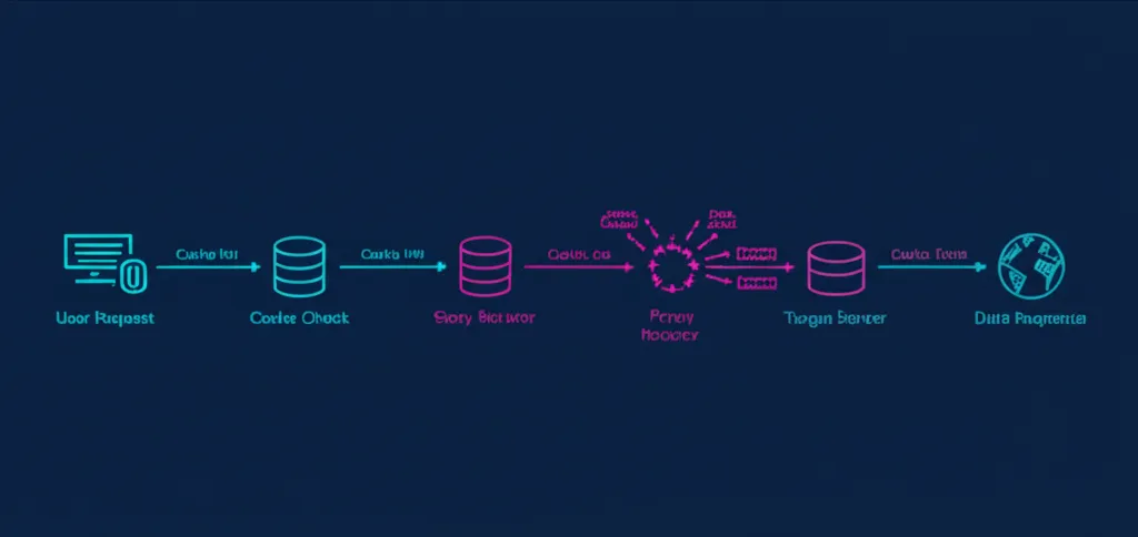 Схема, иллюстрирующая процесс разработки Data API со встроенной ротацией прокси и кешированием.