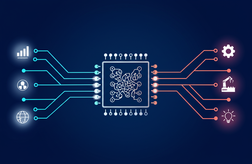 Схематичное изображение, которое иллюстрирует как происходит разработка ии-агентов: системы с принятием решений, от сбора данных до выполнения задач.