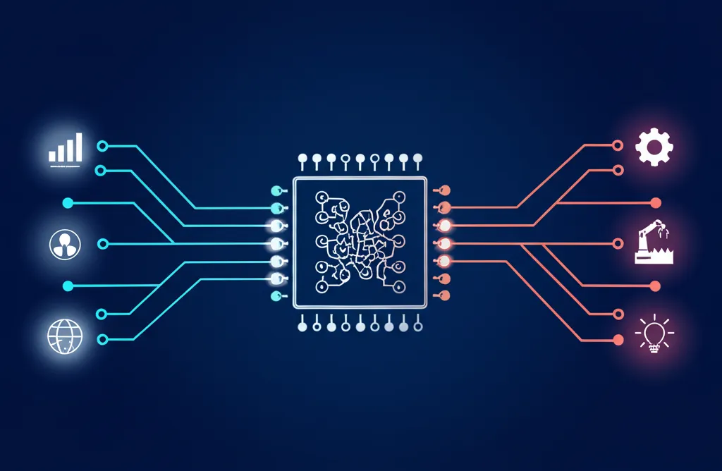 Схематичное изображение, которое иллюстрирует как происходит разработка ии-агентов: системы с принятием решений, от сбора данных до выполнения задач.