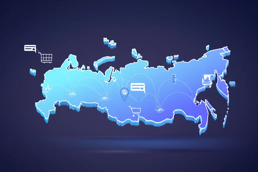 Динамичное развитие электронной коммерции в России, представленное в виде футуристической инфографики с картой и цифровыми иконками.