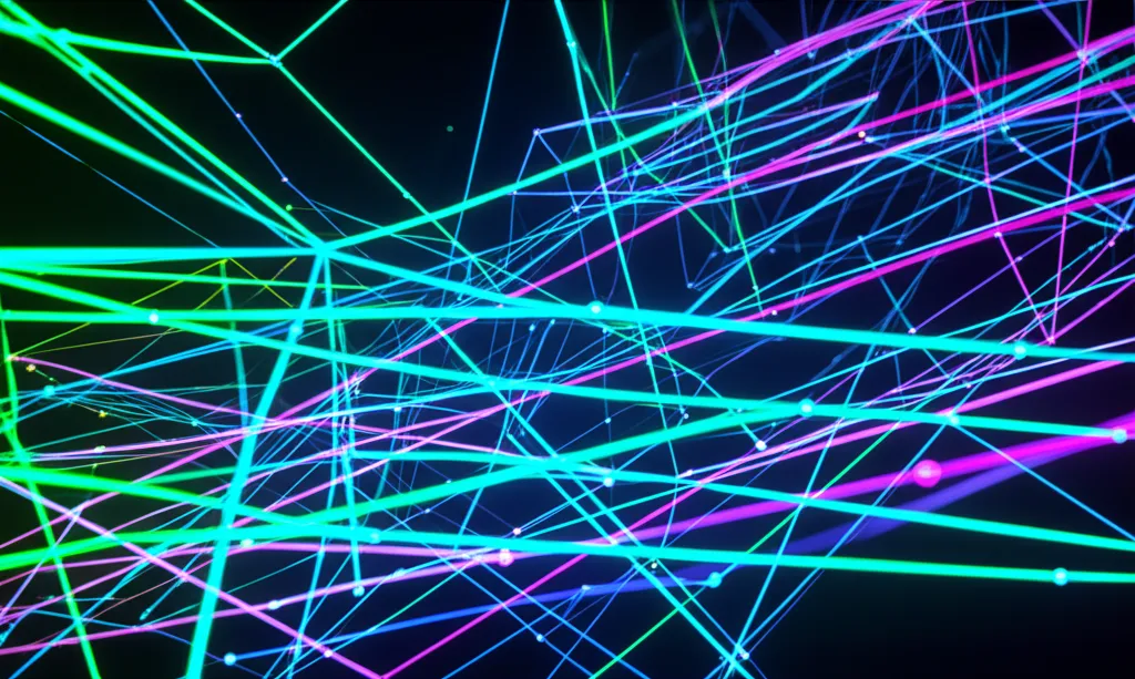 Абстрактная визуализация, представляющая реальные датасеты в виде светящихся потоков информации.