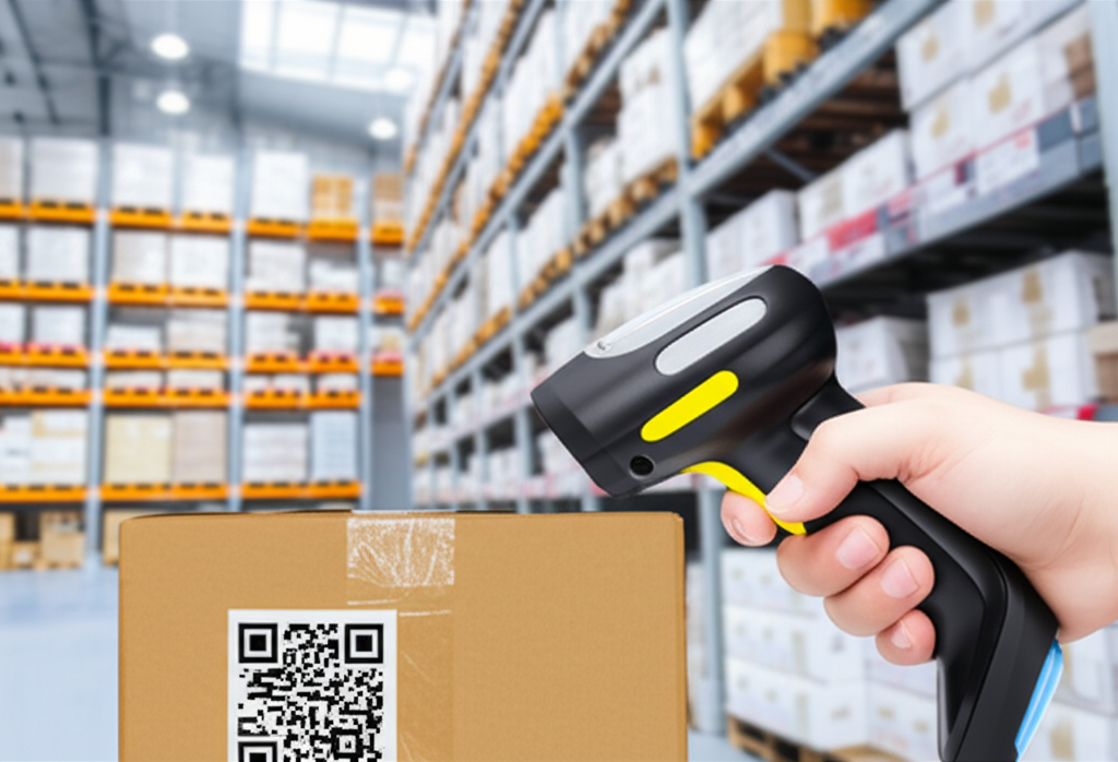 Современный беспроводной ру сканер в руке сотрудника склада на фоне стеллажей с товарами