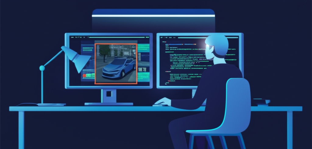 Процесс, который иллюстрирует, как происходит ручная разметка датасета специалистом за компьютером.