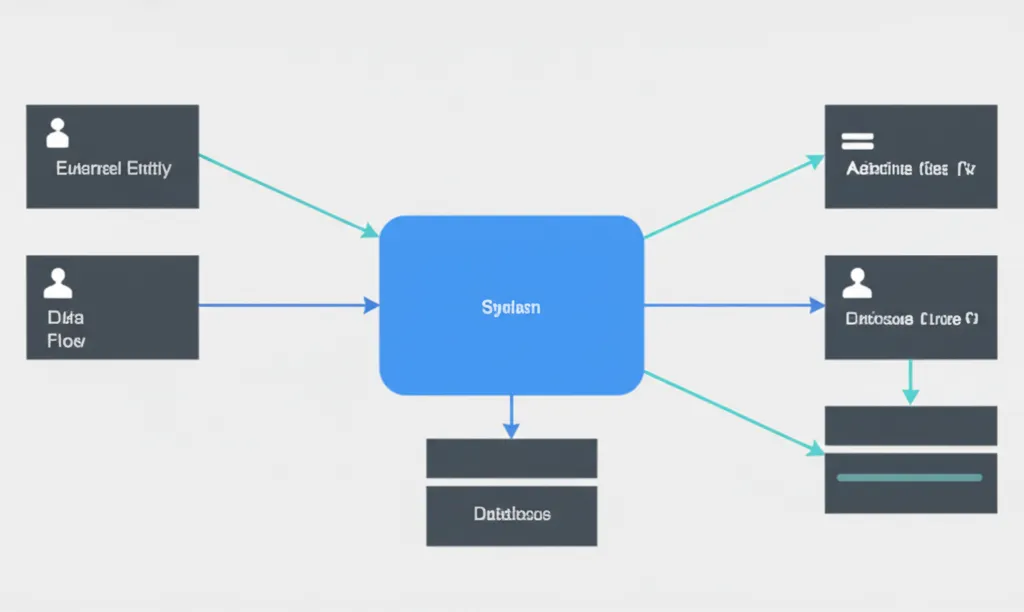 Иллюстрация, демонстрирующая руководство диаграммы потоков данных с основными компонентами: процессом, сущностью и хранилищем.