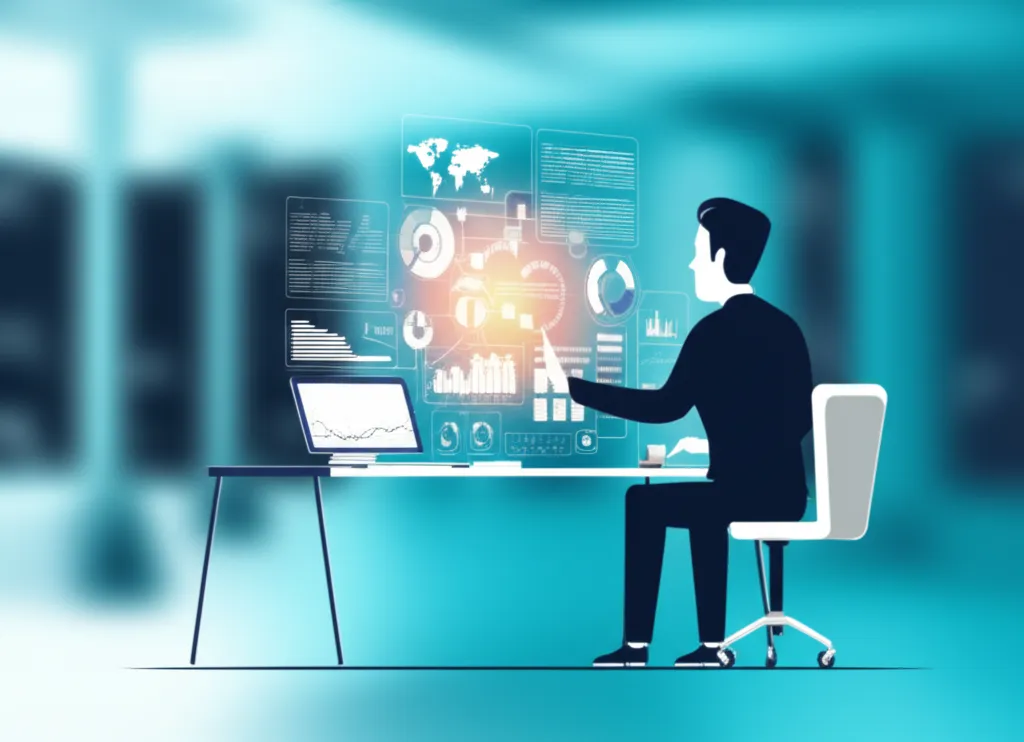 Руководство внедрение ИИ в маркетинг: специалист анализирует данные на футуристическом интерфейсе.