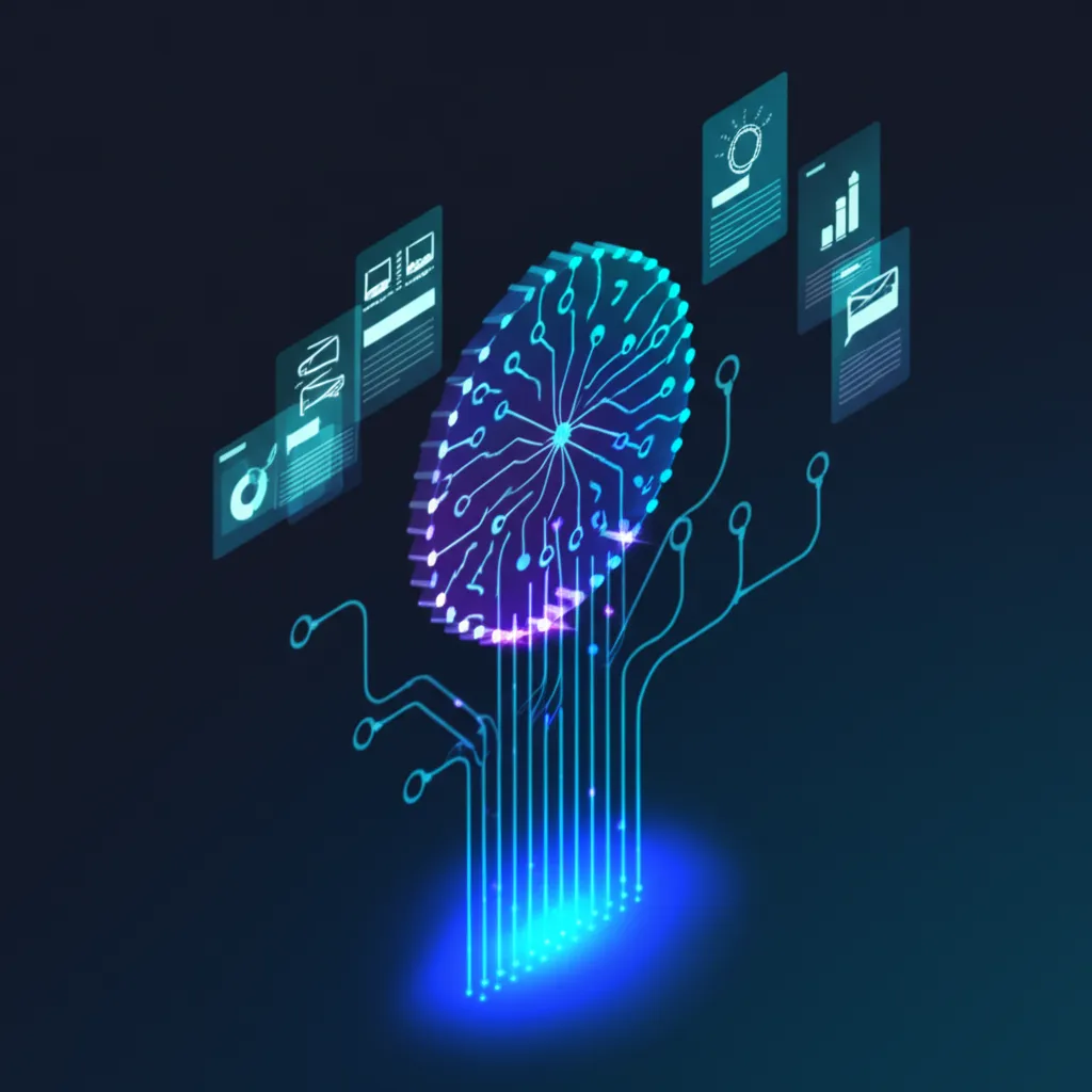 Инфографика, иллюстрирующая SaaS-платформы: трансформация через LLM, где нейросеть соединяется с бизнес-приложениями.