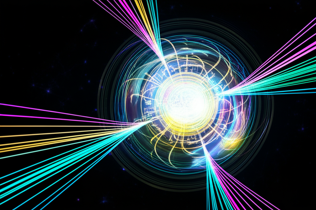 Абстрактная визуализация, иллюстрирующая самые большие датасеты мира в виде светящейся сферы данных