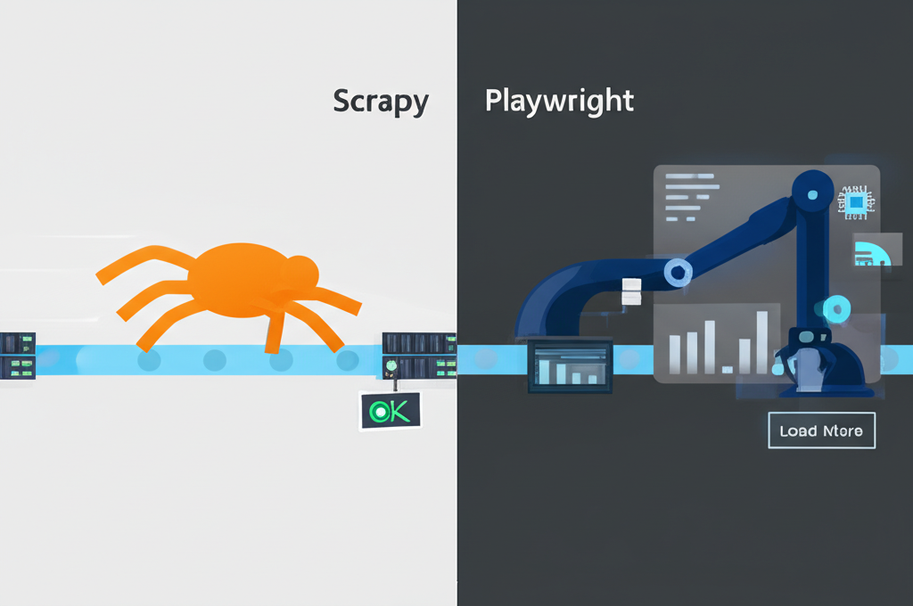 Векторная инфографика scrapy vs playwright сравнение: быстрый паук Scrapy для статики и точный робот Playwright для динамических сайтов.