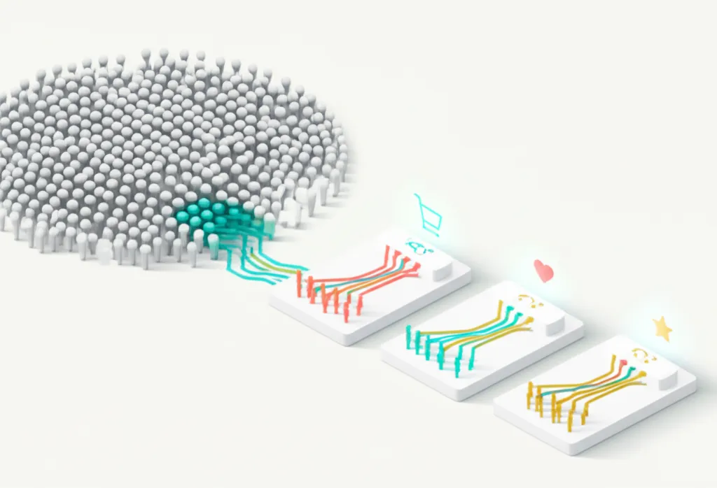 Визуальная схема, где сегментация клиентов повышение конверсии показана как процесс упорядочивания аудитории.