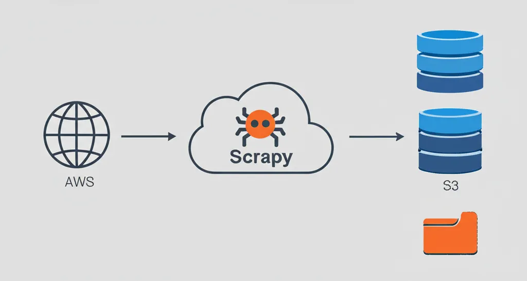 Схематичное изображение, иллюстрирующее серверный скрапинг с Scrapy и AWS: от сайта до хранилища данных.