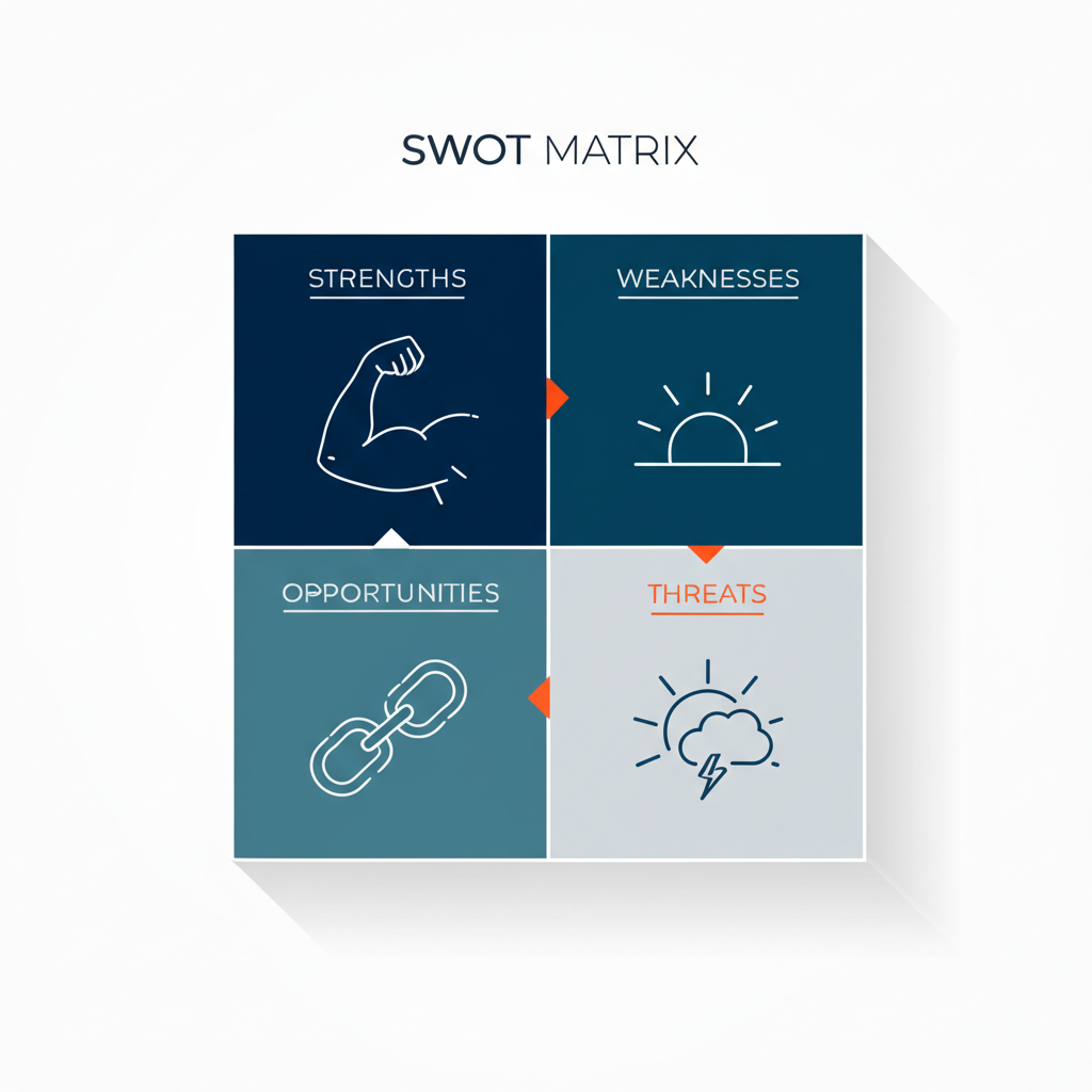 Готовый шаблон SWOT-анализа в виде четырех квадратов с иконками сильных, слабых сторон, возможностей и угроз.