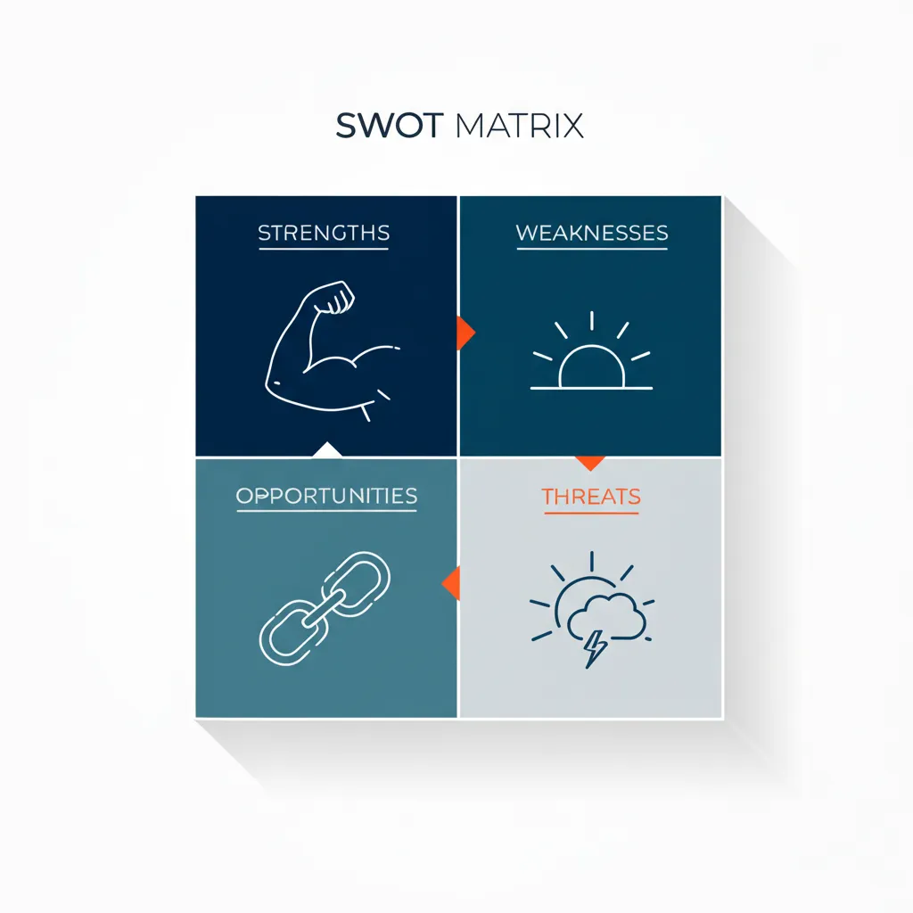 Готовый шаблон SWOT-анализа в виде четырех квадратов с иконками сильных, слабых сторон, возможностей и угроз.