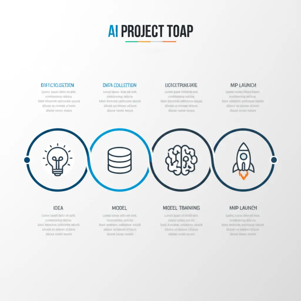 Инфографика, которая иллюстрирует как работает шпаргалка по ИИ-проекту: быстрый старт от концепции до запуска.