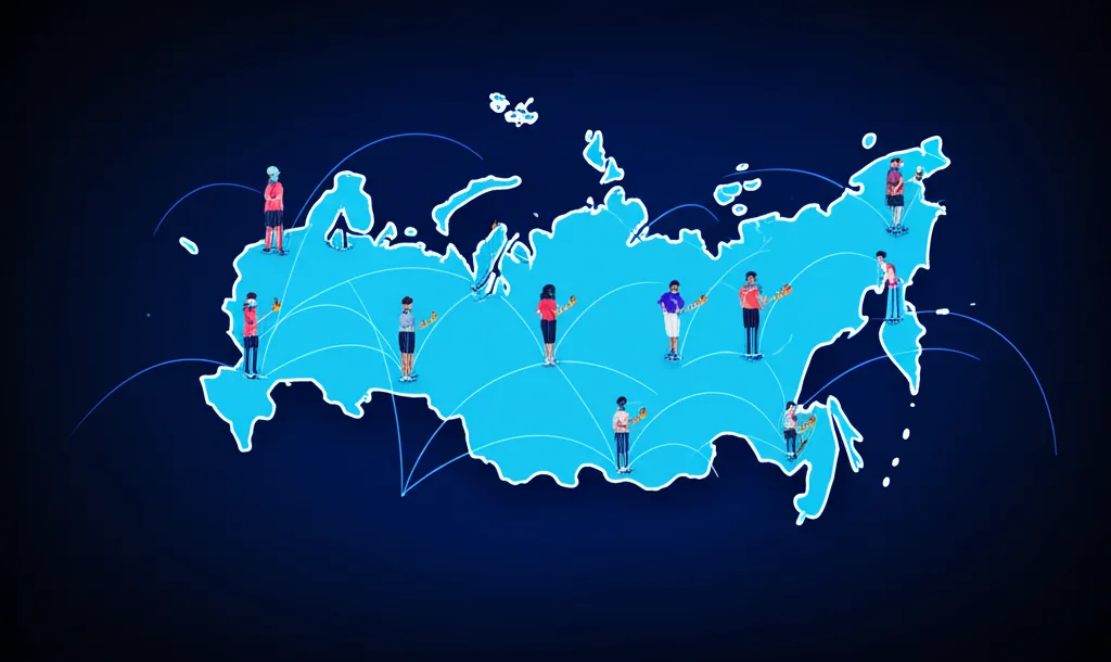 Инфографика, иллюстрирующая, сколько интернет пользователей в России, с картой страны и статистическими данными.