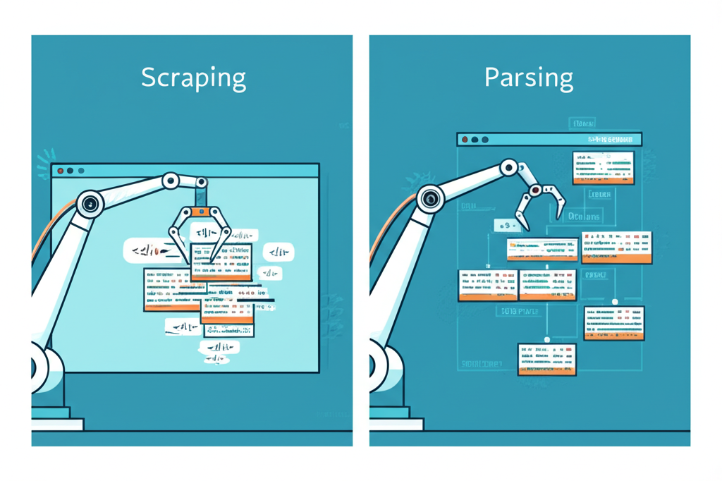 Визуальное сравнение процессов, где показаны скрапинг и парсинг отличия на примере извлечения и структурирования данных.