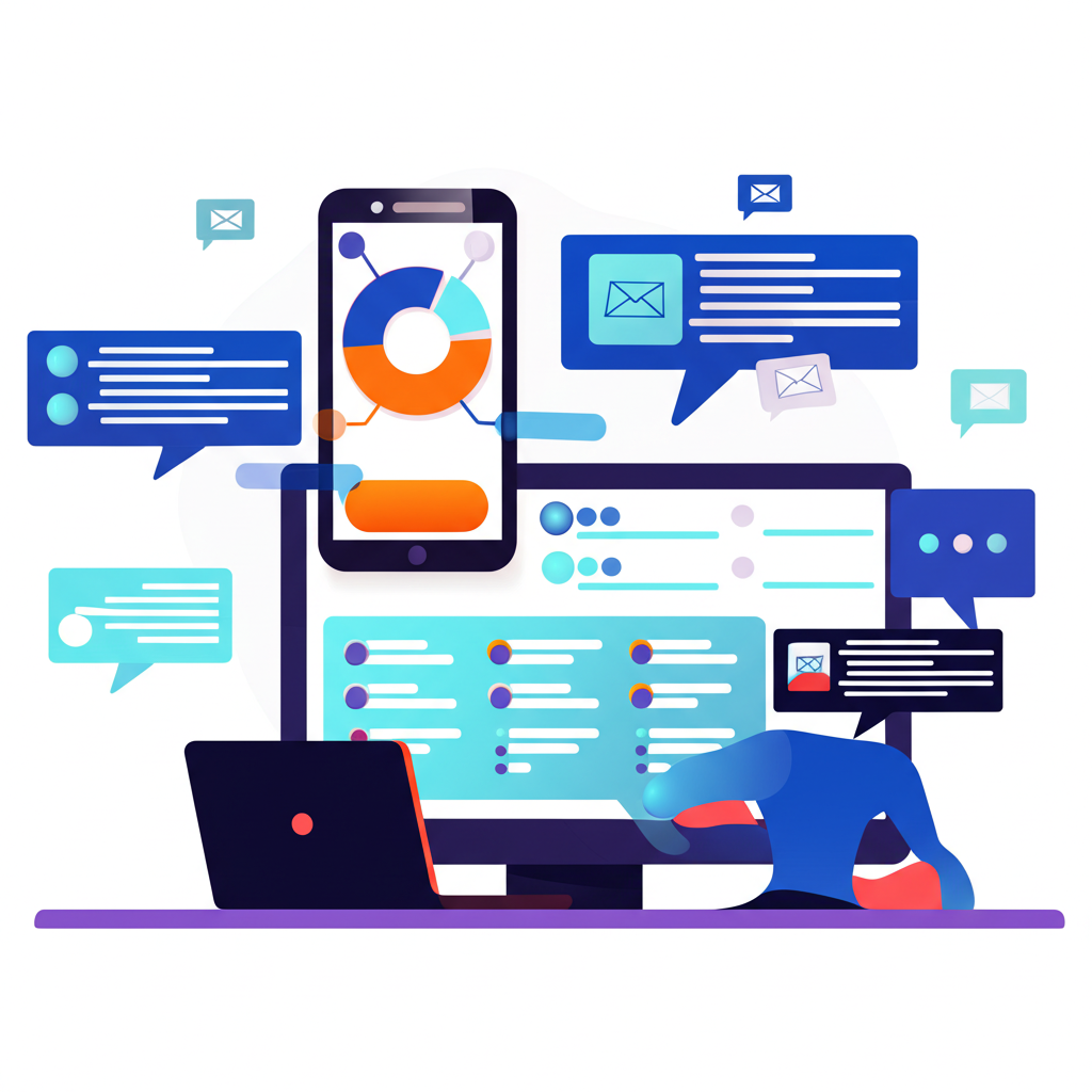 Иллюстрация, показывающая, как начать SMS маркетинг: человек работает с платформой для рассылок на ноутбуке и телефоне.