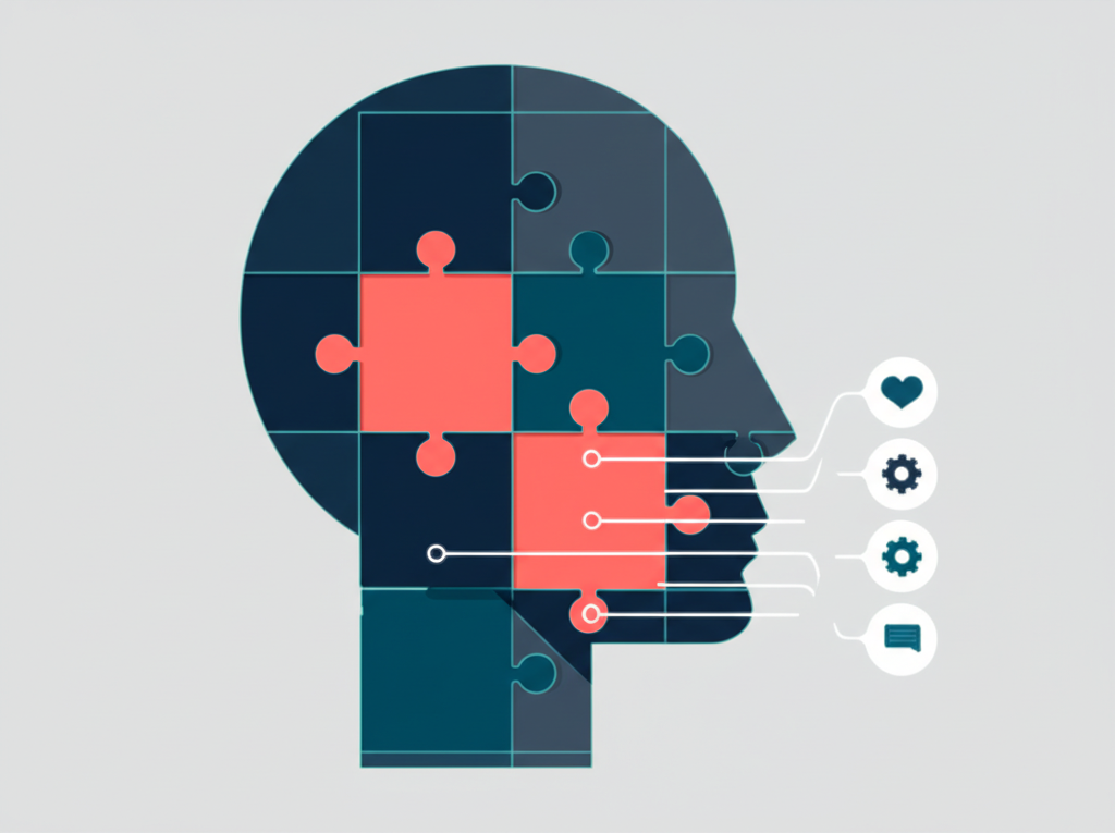 Концептуальное изображение, иллюстрирующее составление сообщения о бренде из ключевых идей и ценностей.