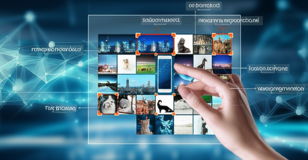 Процесс создания датасета изображений: специалист размечает фотографии на футуристическом интерфейсе.