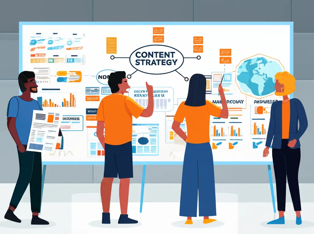 Процесс создания кампаний контент-маркетинга: команда обсуждает стратегию у доски с графиками и идеями.