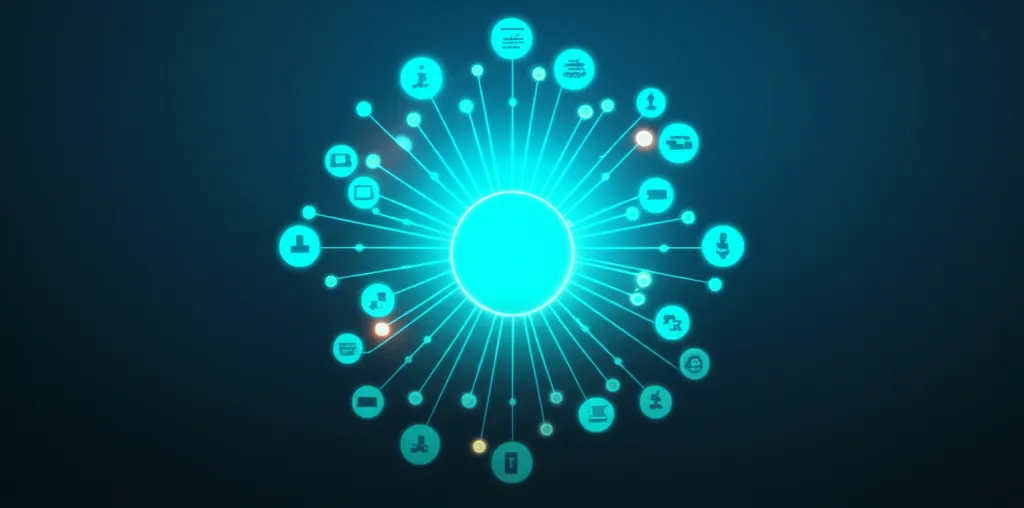 Визуализация процесса создания технологической экосистемы с центральным ядром и связанными элементами.