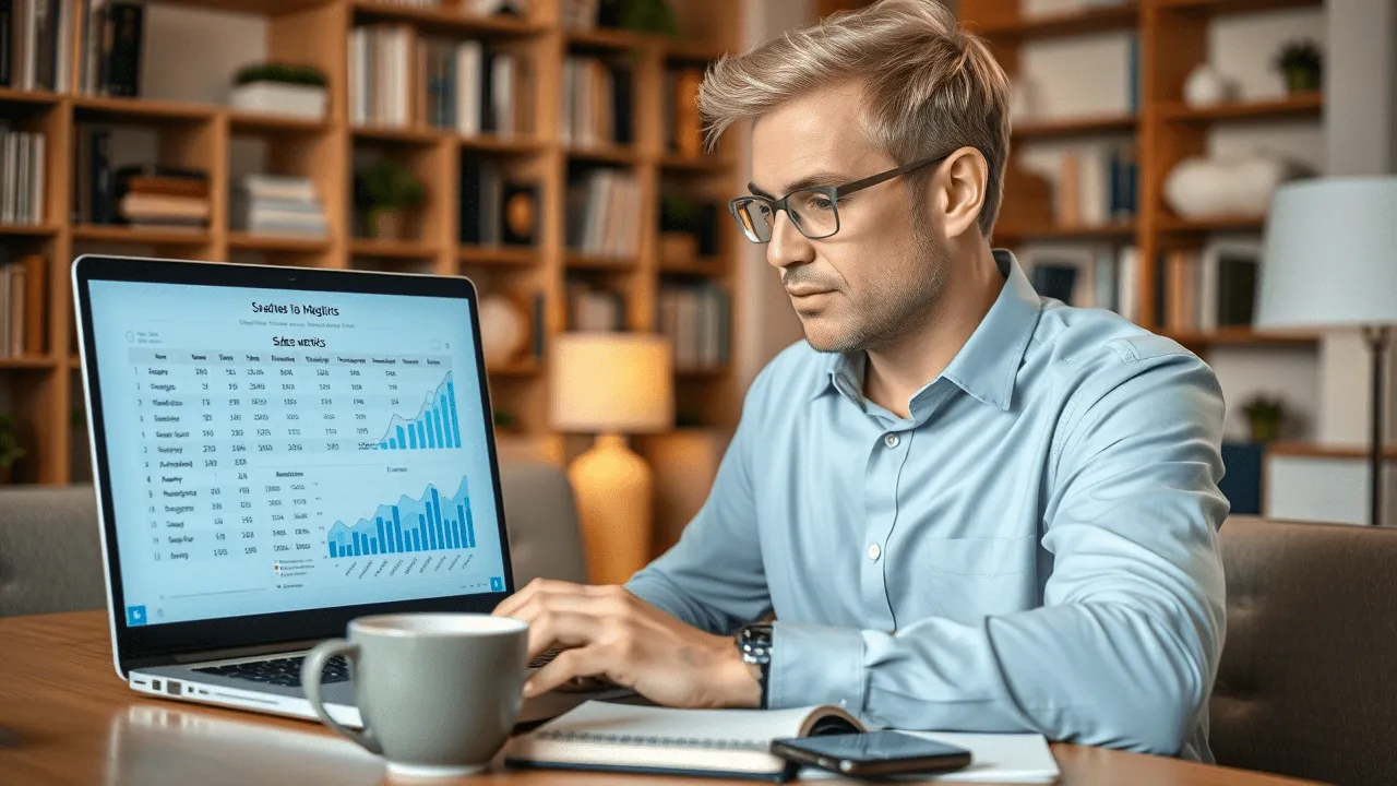 Специалист изучает данные по учету продаж на маркетплейсах перед корректировкой стратегии.