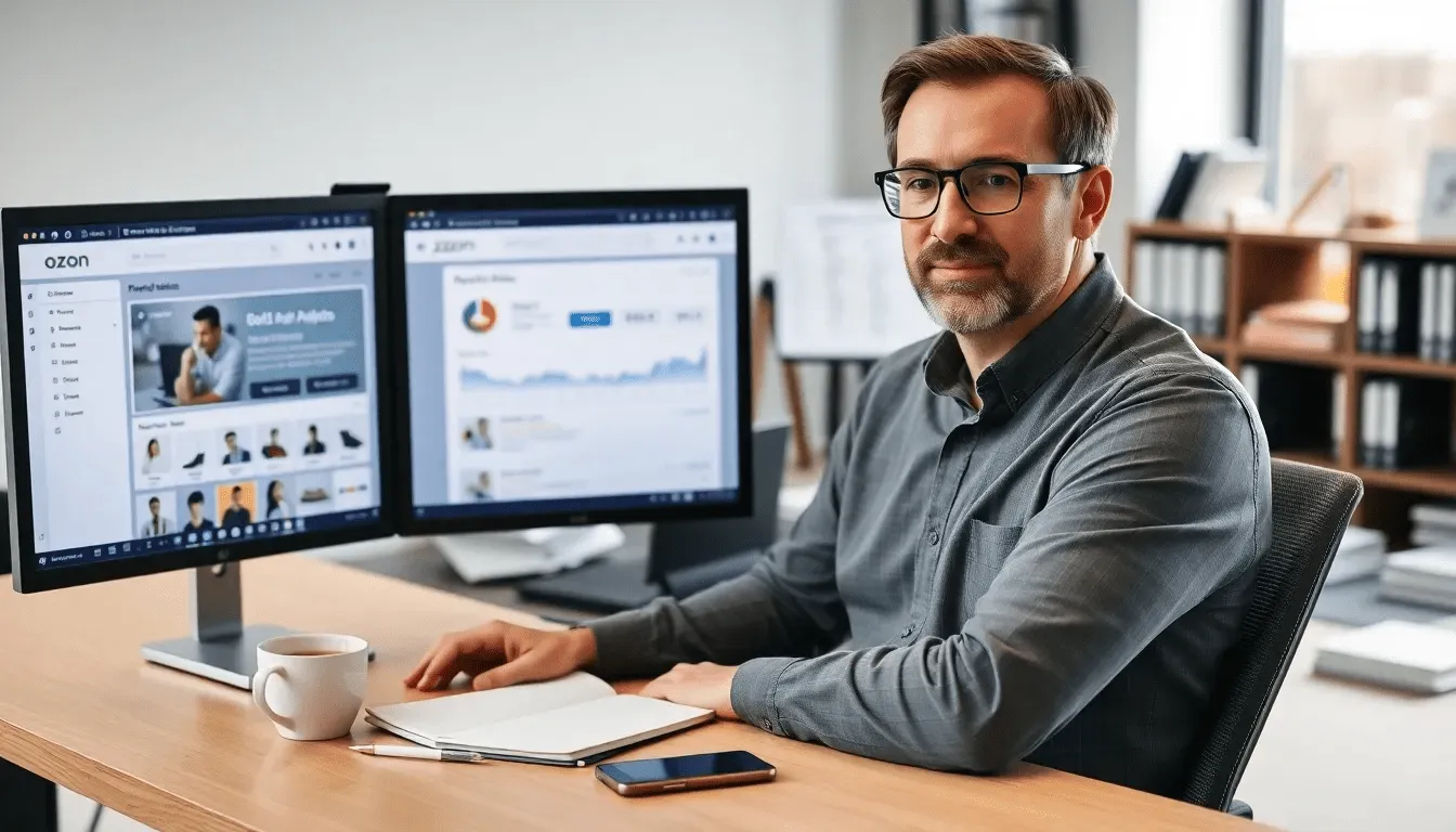 Специалист проверяет позицию товара на Ozon вручную и через аналитические инструменты.