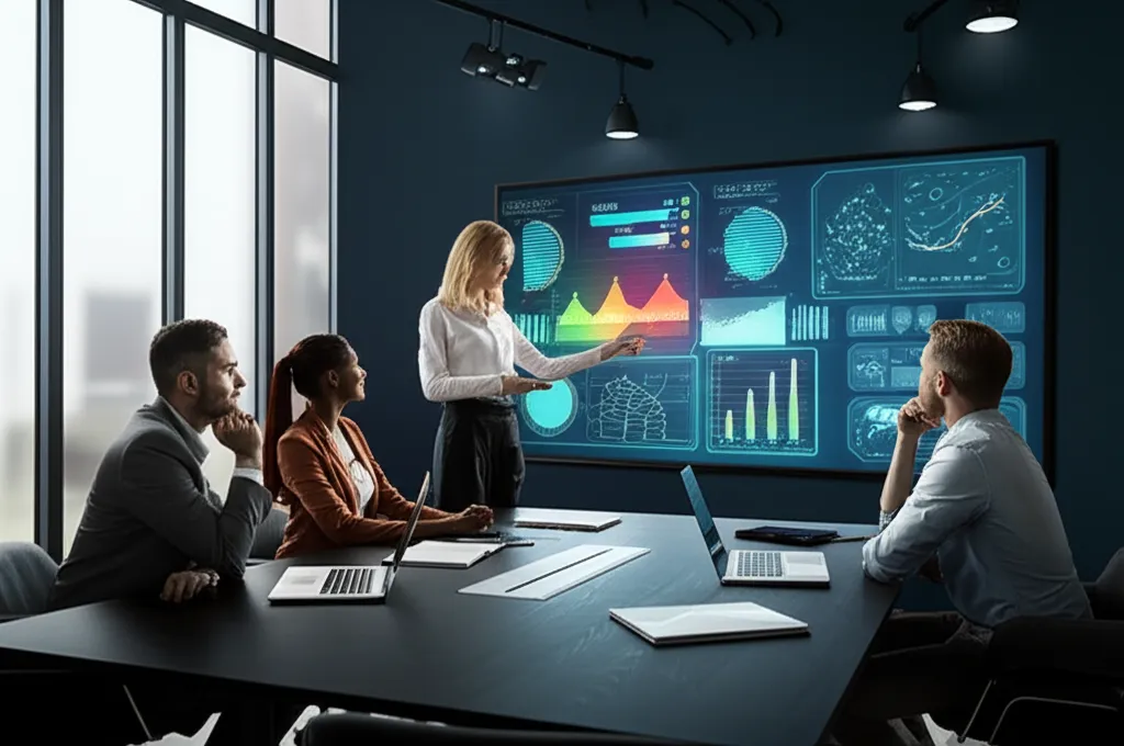 Команда аналитиков проводит стратегическое ценообразование анализ рынка, изучая данные на большом экране в офисе.