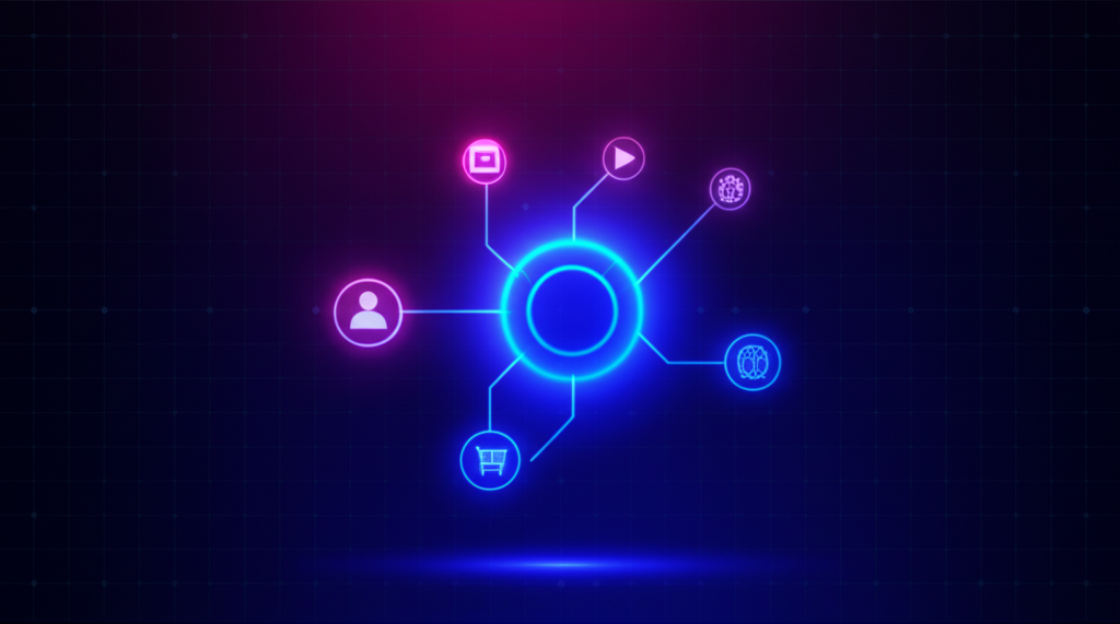 Футуристическая инфографика, иллюстрирующая ключевые элементы, которые включает стратегия социальных сетей 2025