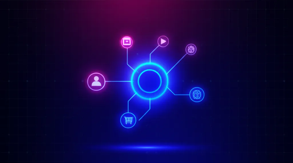 Футуристическая инфографика, иллюстрирующая ключевые элементы, которые включает стратегия социальных сетей 2025