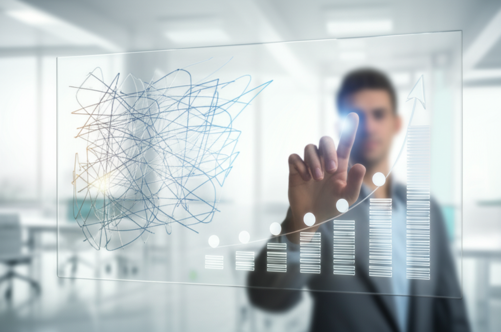 Визуальное представление стратегия трансформации, которая работает, в виде понятной схемы на стеклянной доске в офисе.