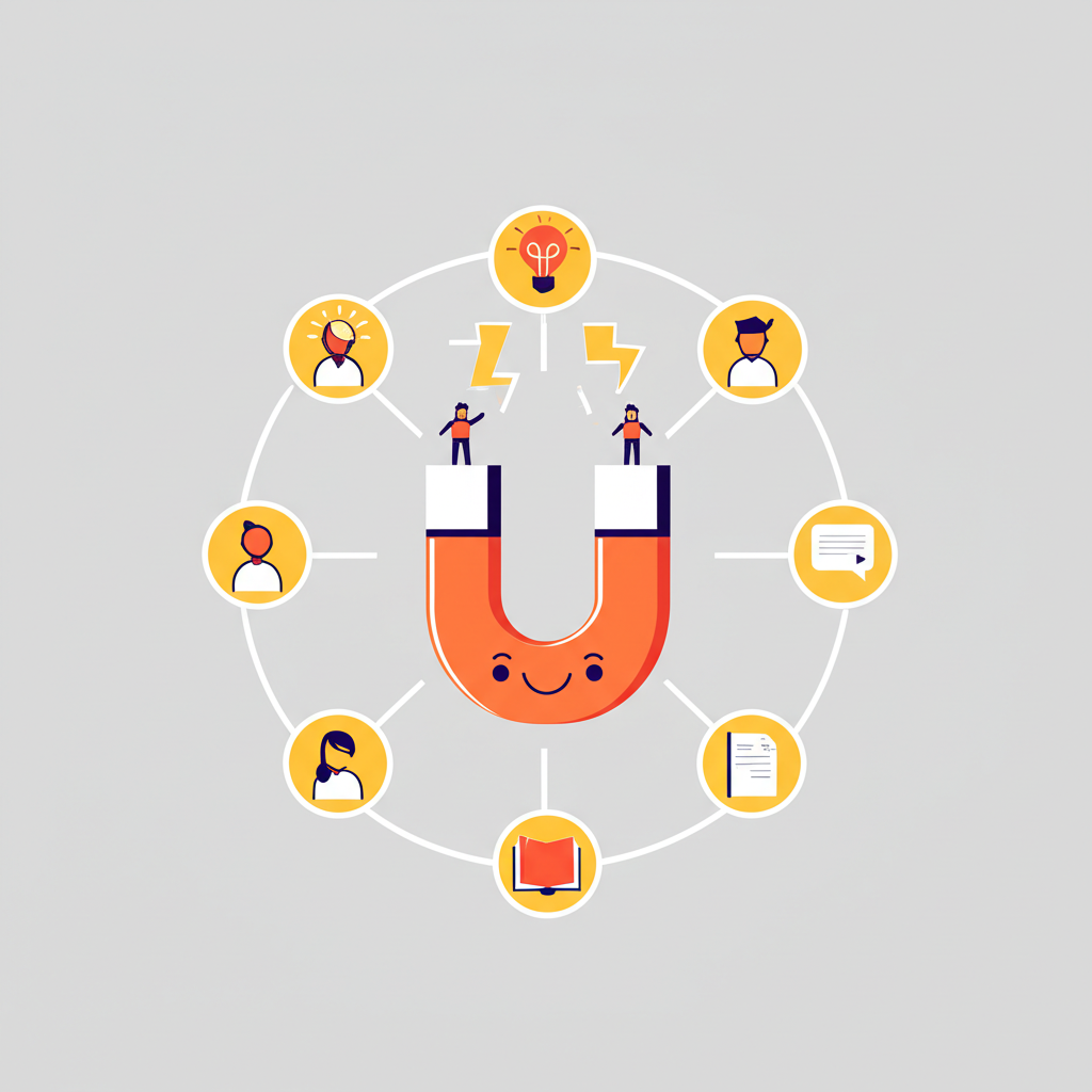 Стратегия входящего маркетинга для малого бизнеса: инфографика с магнитом, притягивающим клиентов.