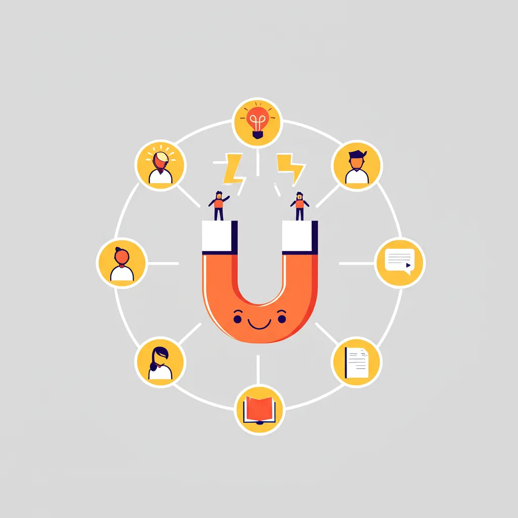 Стратегия входящего маркетинга для малого бизнеса: инфографика с магнитом, притягивающим клиентов.