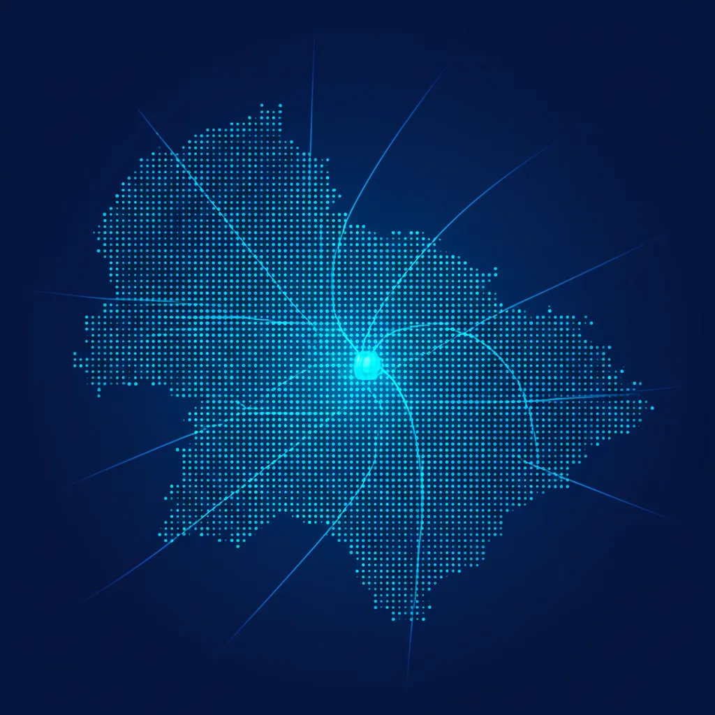 Схематичное изображение карты с множеством точек, иллюстрирующее таргетинг тысяч мест одной рекламной кампанией.