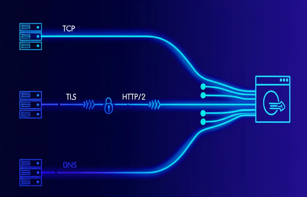 Визуальная схема, иллюстрирующая TCP, TLS, DNS, HTTP/2 — оптимизация соединений для ускорения передачи данных.