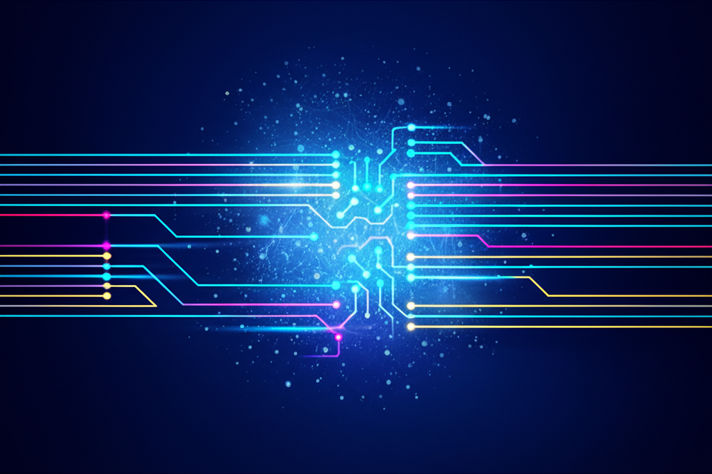 Абстрактная визуализация, иллюстрирующая текстовые датасеты в виде потоков данных