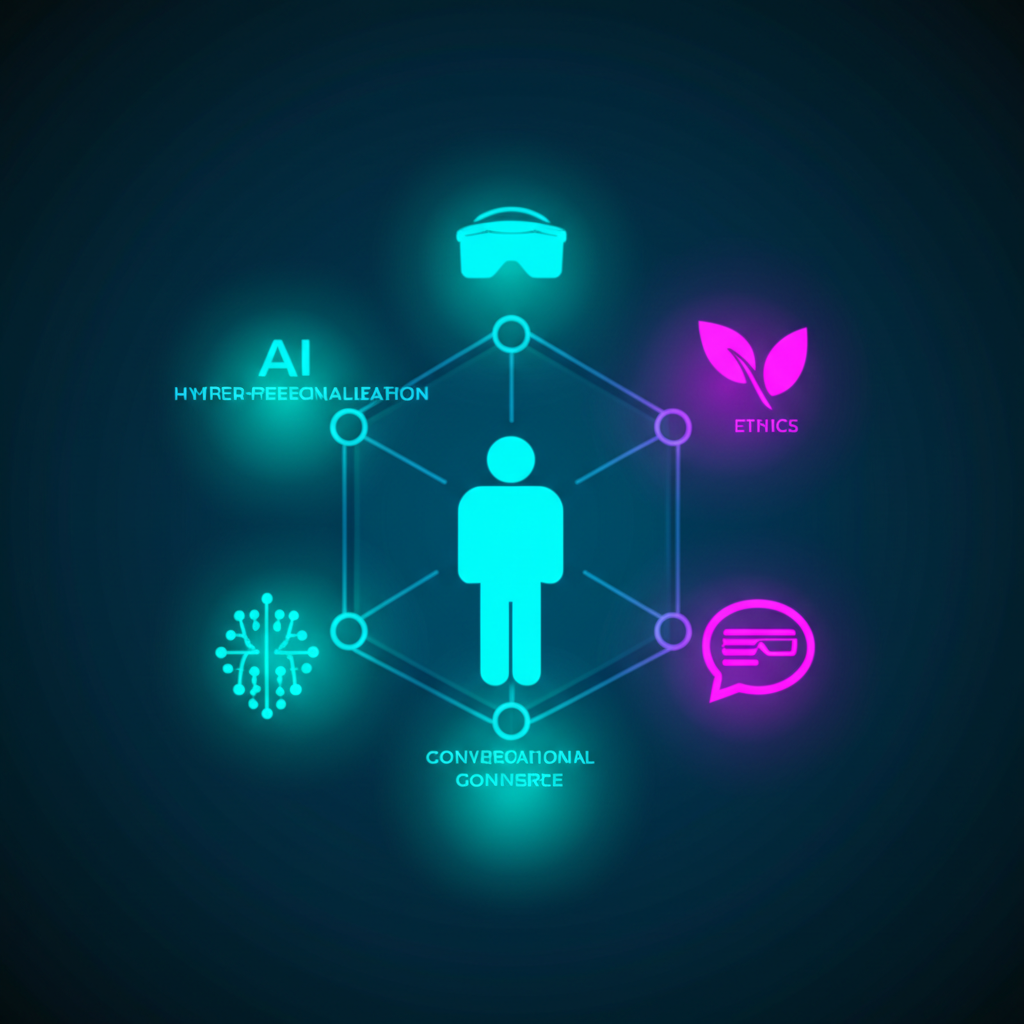 Ключевые тенденции B2C маркетинга 2025: инфографика с иконками ИИ, AR и персонализации, сфокусированная на клиенте.